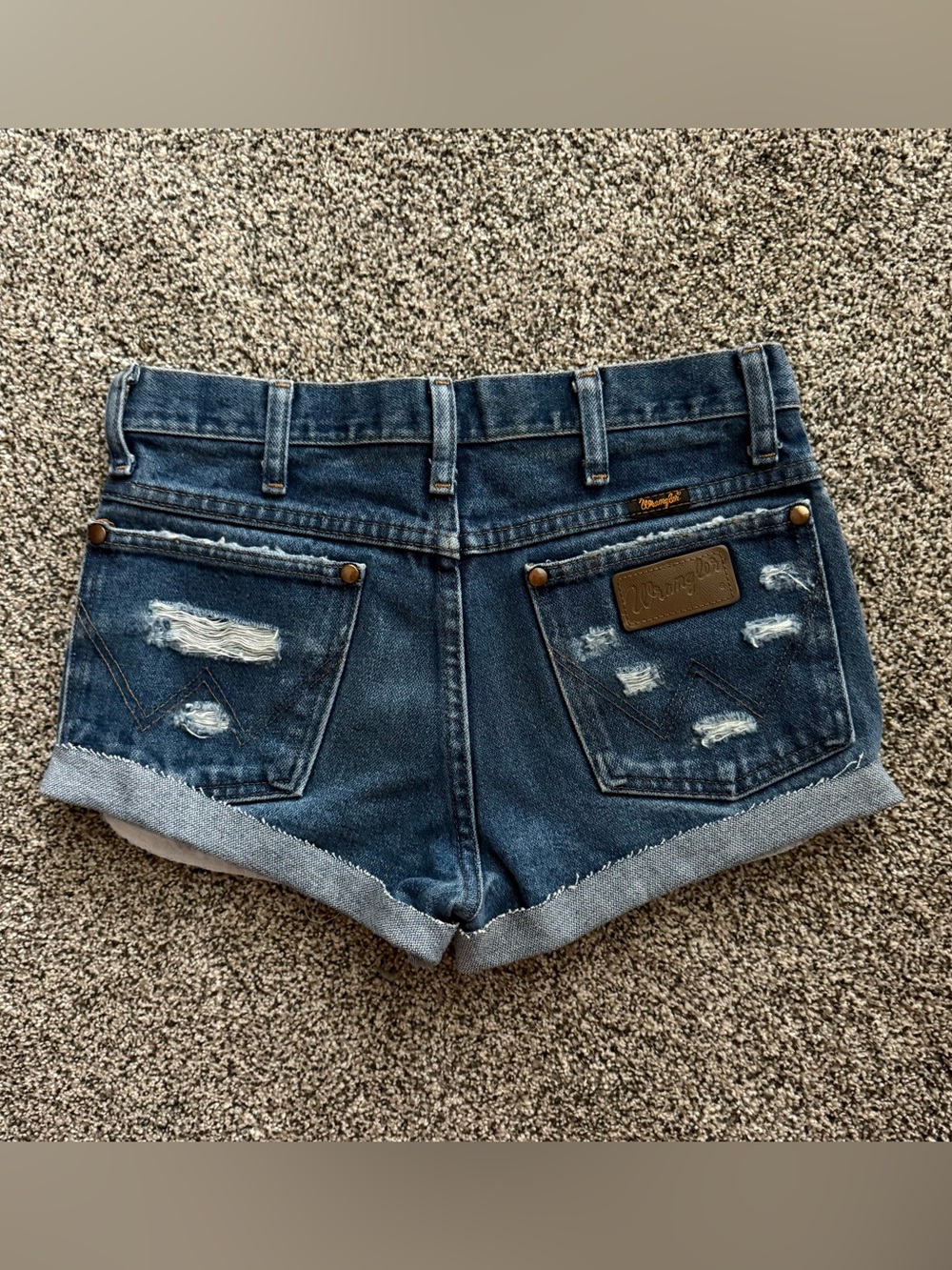 Custom Wrangler Dark Blue Distressed Cuffed Jean Shorts Size 0 (Read Details)